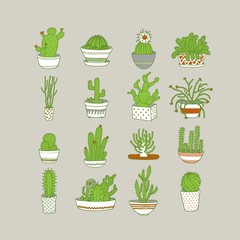 Set icons cacti. Style Hand drawing. Vector illustration.