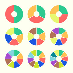 Set of colored pie charts. Templates sectoral graphs in flat style. Colorful elements for infographics. Vector