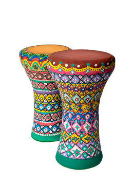 Colorful painted goblet drums (chalice drum, darbuka, doumbek, dumbelek, toumperleki, tablah) single head membranophone with goblet shaped body used mostly in the Middle East, North Africa, South Asia