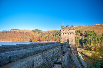 View of Derwent Dam and Reservoir, Peak District National Park, Derbyshire, UK. Derwent Reservoir is the middle of three reservoirs in the Upper Derwent Valley in the north-east of Derbyshire, England