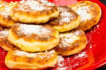 red plate of pancakes