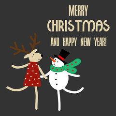 Vector illustration of a snowman and deer with text merry christmas and happy new year