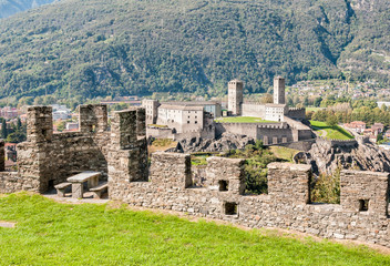 Fototapeta na wymiar View to the Castelgrande from Montebello Castle, Bellinzona, Switzerland