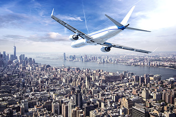 Airplane flying over  New York City