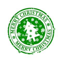 Damaged round green stamp with the words - Merry Christmas - a Christmas tree and snowflakes - vector eps