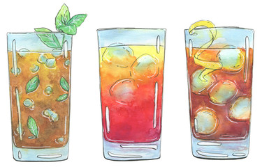 hand drawn set of watercolor cocktails Long Island Iced Tea Sex