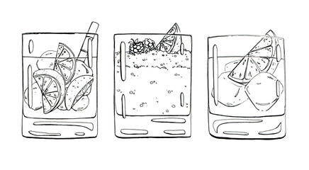 hand drawn set of graphic cocktails on white background