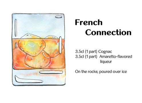 hand drawn watercolor cocktail French Connection on white backgr