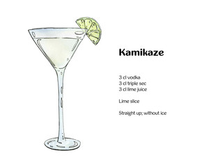 hand drawn watercolor cocktail Kamikaze on white background