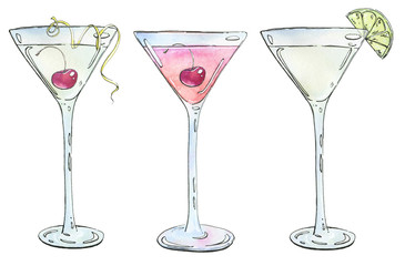 hand drawn set of watercolor cocktails Casino Rose Kamikaze on w