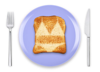 Toasted bread slice toast with symbol swimsuit and a slim figure on the purple plate with fork and knife isolated on white background. Concept healthy eating, fitness, preparation for beach season.