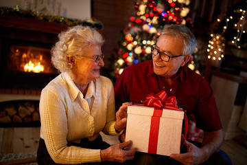 Happy grandparents smiling and holding big gift .