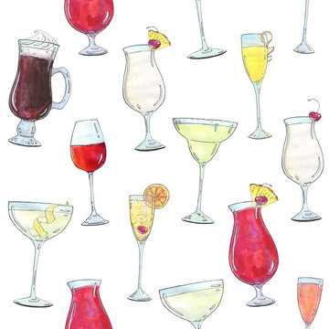 hand drawn watercolor cocktail French 75 on white background