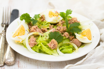 frsh salad with tuna and boiled egg on white plate
