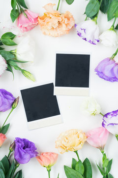 Pink, white and violet eustoma flowers frame with two instant photos