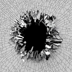3d render, digital illustration, abstract broken wall, cracked concrete, destroyed blocks, black hole