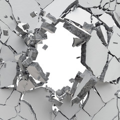 Obraz premium 3d render, digital illustration, abstract broken wall, cracked concrete, destroyed blocks, black hole