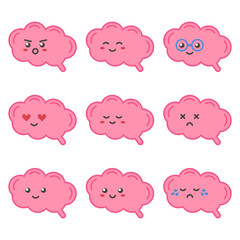Flat design cartoon cute brain character with different facial expressions, emotions. Set, collection of emoji isolated on white background.