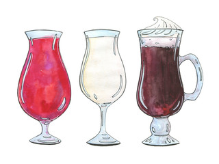 hand drawn set of watercolor cocktails Singapore Sling Pina colada Irish coffee on white background 