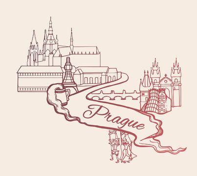 Welcome to Prague poster, banner, sticker with Czech capital landmarks. Line drawing.Vector illustration