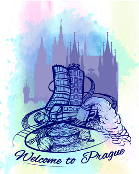 Welcome to Prague poster, banner, sticker with Czech capital landmarks. Line drawing on watercolor background.Vector illustration