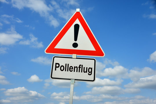 Pollenflug, Heuschnupfen, Allergie, Bl&uuml;tenstaub, Schild, Achtung, Warnung, symbolisch, allergische Reaktion, Ambrosia, Bl&uuml;te, allergische Reaktion, Pollenwarnung