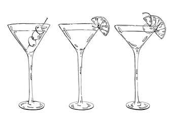 hand drawn graphic cocktail Martini Whiskey sour Sidecar Corpse