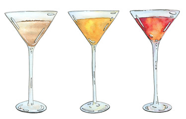 hand drawn set of watercolor cocktails on white background