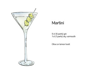 hand drawn watercolor cocktail Martini with olives on white back