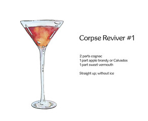 hand drawn watercolor cocktail Corpse Reviver on white backgroun