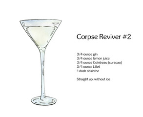 hand drawn watercolor cocktail Corpse Reviver on white backgroun
