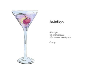 hand drawn watercolor cocktail Aviation on white background