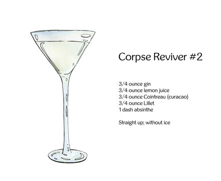 hand drawn watercolor cocktail Corpse Reviver on white backgroun