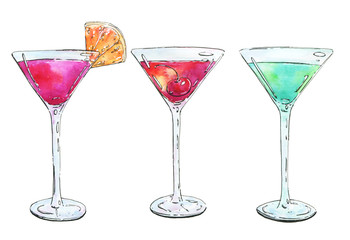 hand drawn watercolor cocktails grasshopper cosmopolitan manhatt