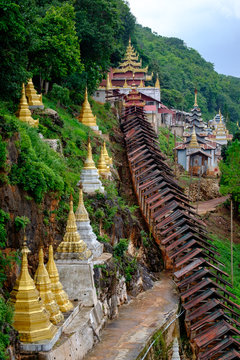 Buddhist pagodas and temple at entrance to Pindaya Caves, Myanmar
