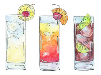 hand drawn watercolor cocktail French 75 on white background
