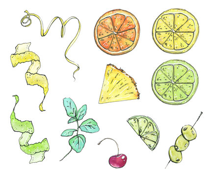 hand drawn set of watercolor garnish elements fruits and berries on white background