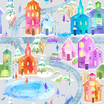 Seamless pattern with winter city map,road,park and lake.Christmas illustration.Colorful snow house.Urban life postcard. Watercolor hand drawn illustration.Grey background. © jula_lily