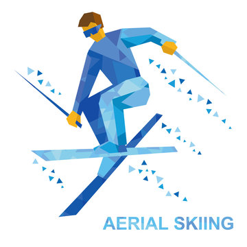 Winter sports - Aerial skiing (half-pipe, superpipe or slopestyle). Freestyle skier during a jump . Aerialist on ski isolated on white background. Flat style vector clip art.