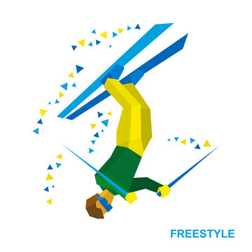 Winter sports - Freestyle skiing (half-pipe, superpipe or slopestyle). Cartoon skier during a jump. Aerialist on ski isolated on white background. Flat style vector clip art.