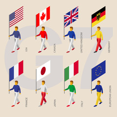 Set of isometric 3d people with flags of Group of Seven (G7) and European Union. Standard bearers infographic - USA, Canada, United Kingdom, Germany, France, Japan, Italy, EU.