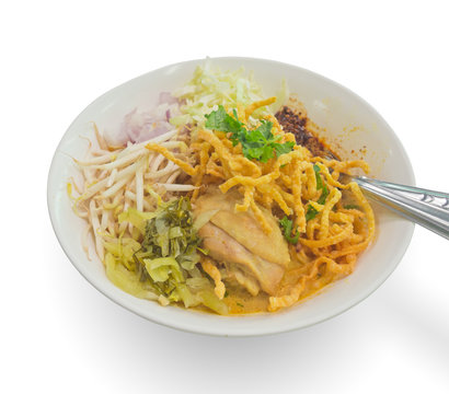 Closeup of Thai northern style chicken crunchy noodle clipping o