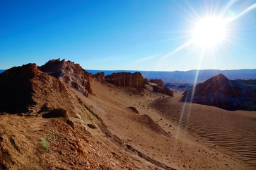 Panoramic view of the Moon Valley or Valle de la Luna close to San Pedro de Atacama in Chile, South America during sunset