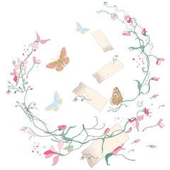 Vector floral elements with flowers, messages and butterflies