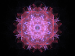 Computer fractal illustration of  floral square design on black background