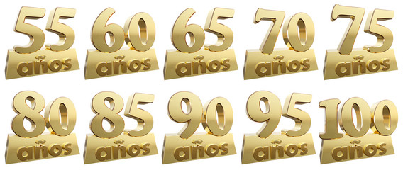 Set of golden digits on a gold ingot for the anniversary. Translation from Spanish - Years. 3d illustration