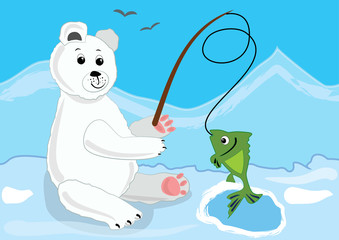 Cute ice bear fishing in the icy polar landscape with mountains