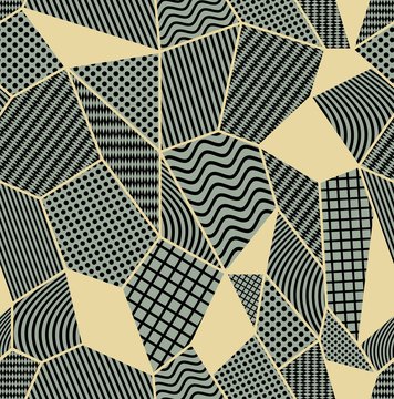 Olive green and beige tile with patchwork patterned elements. Composed from polygonal shapes with simple geometric patterns.
