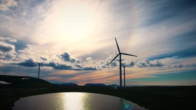 Windmills for electric power production. Arctic View Havoygavelen windmill park, Havoysund, Northern Norway Aerial footage.
