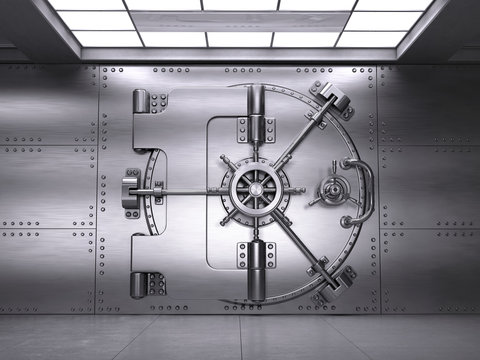 Front View Of Closed Bank Vault Door. 3d Render